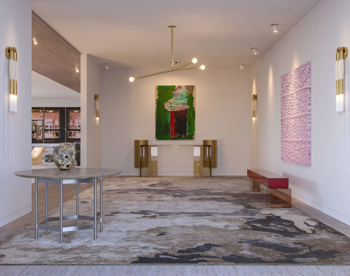 Hallway with large-scale artwork and sculptural lighting in luxury residence.