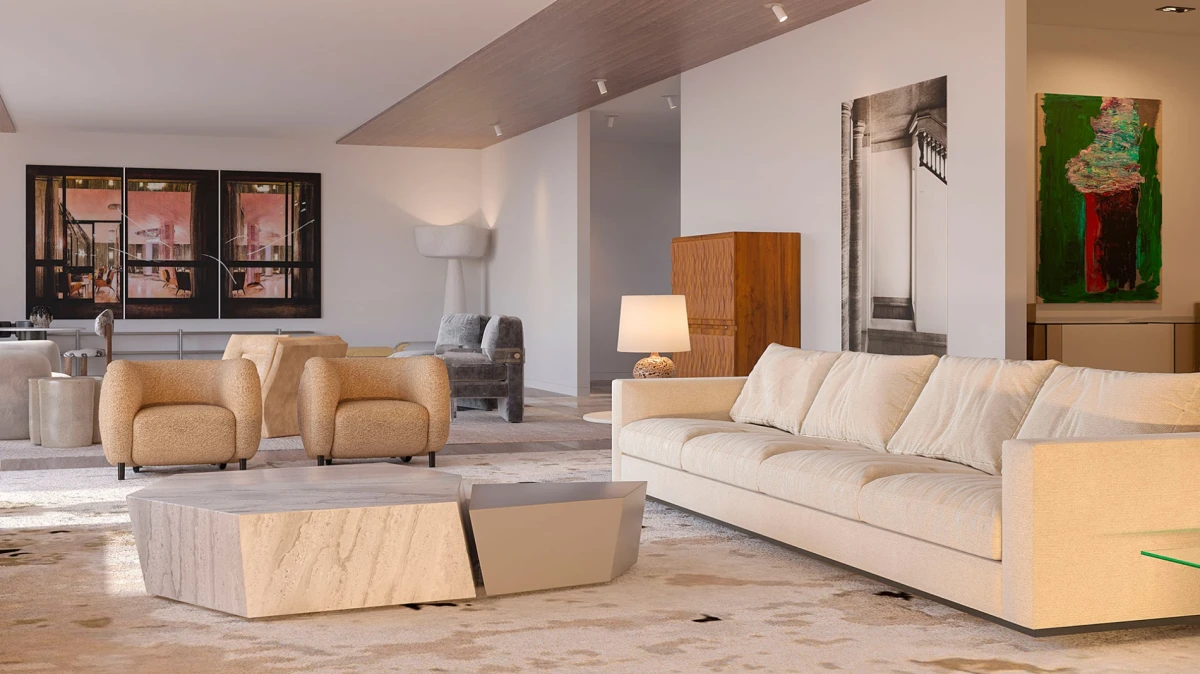 Living space showcasing neutral palette and sculptural furniture layout.