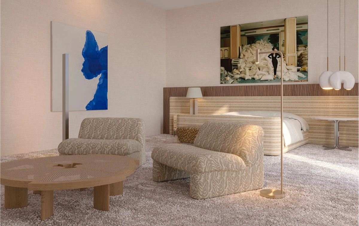 Minimalist bedroom with layered textures and bold art above the bed.