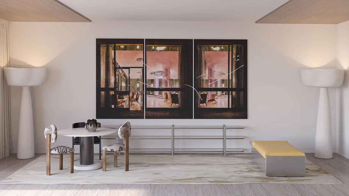 Art-focused sitting area with soft shapes and curated design pieces.