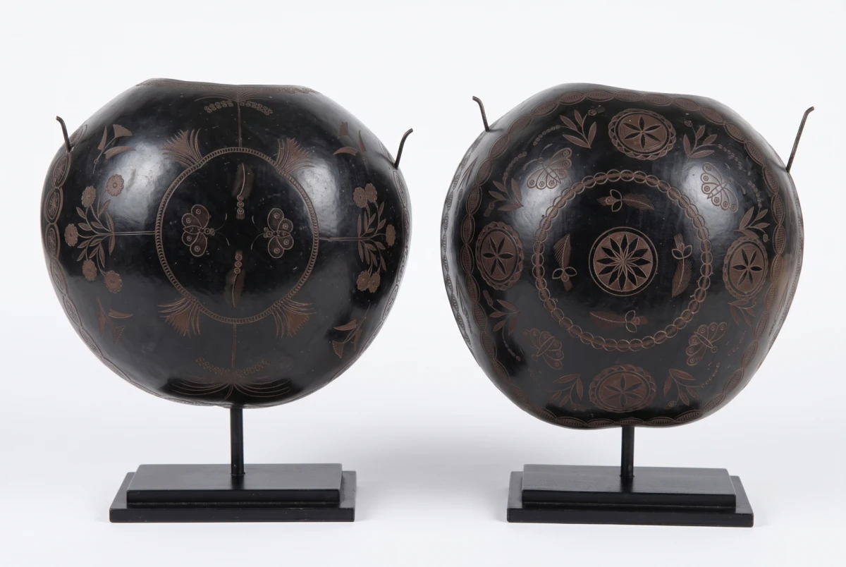 Pair of Decorated Coconuts from French Polynesia
