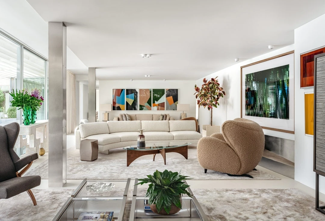 Art-focused sitting area with soft shapes and curated design pieces.