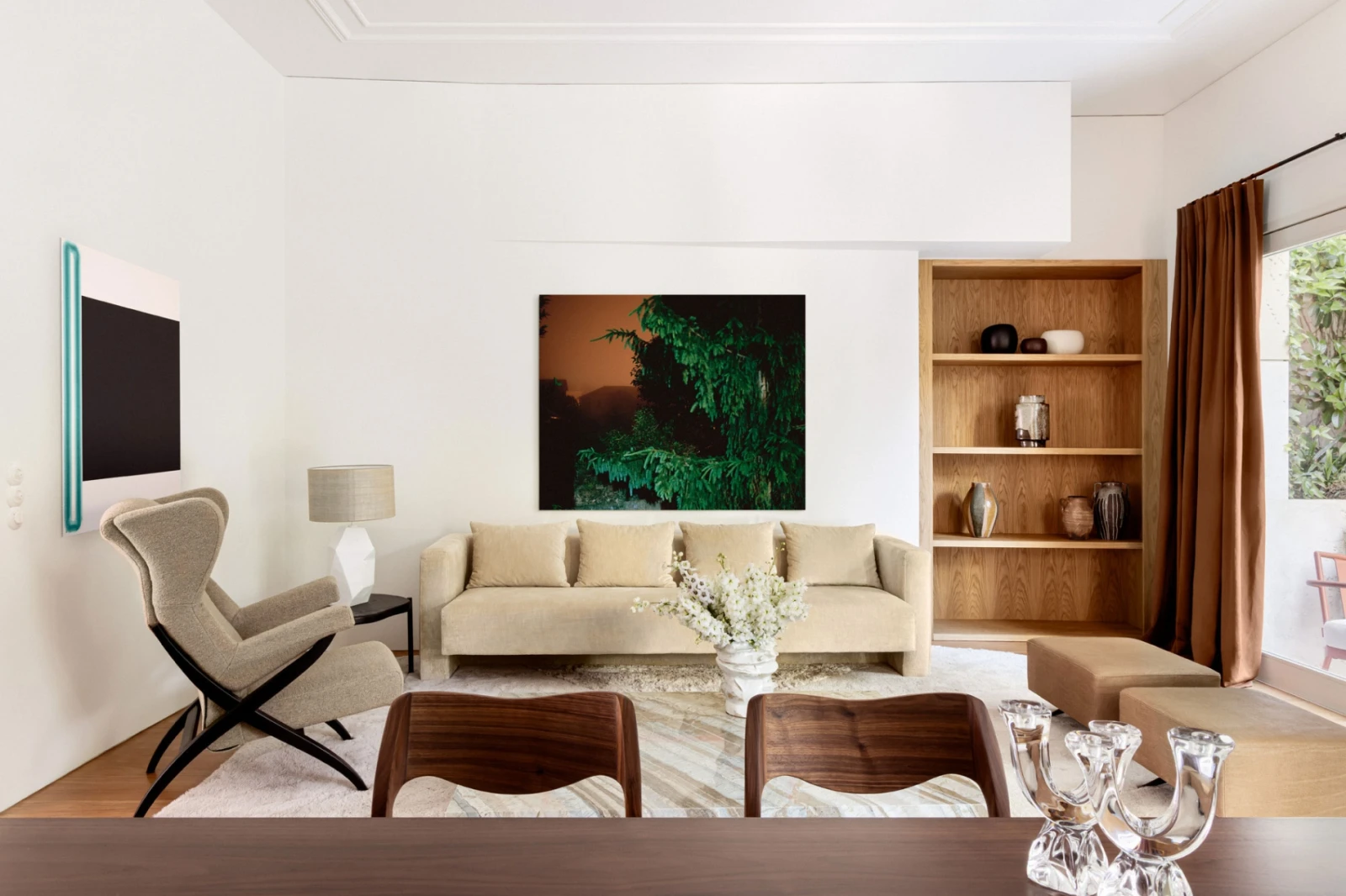 Custom interior design living room with modern and art choices in timeless tones