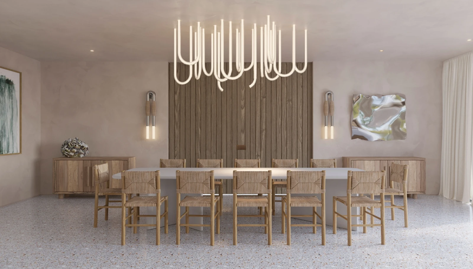Sala de jantar ampla com candeeiro contemporâneo e mesa longa em projeto de Comporta.