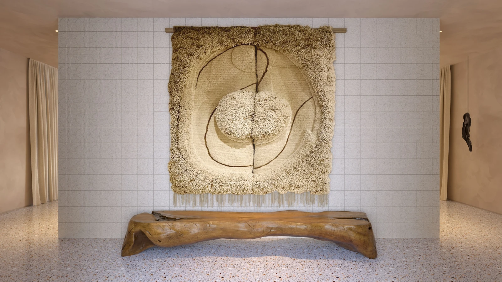 Hall de entrada com parede em ceramica e arte contemporânea em casa na Comporta.