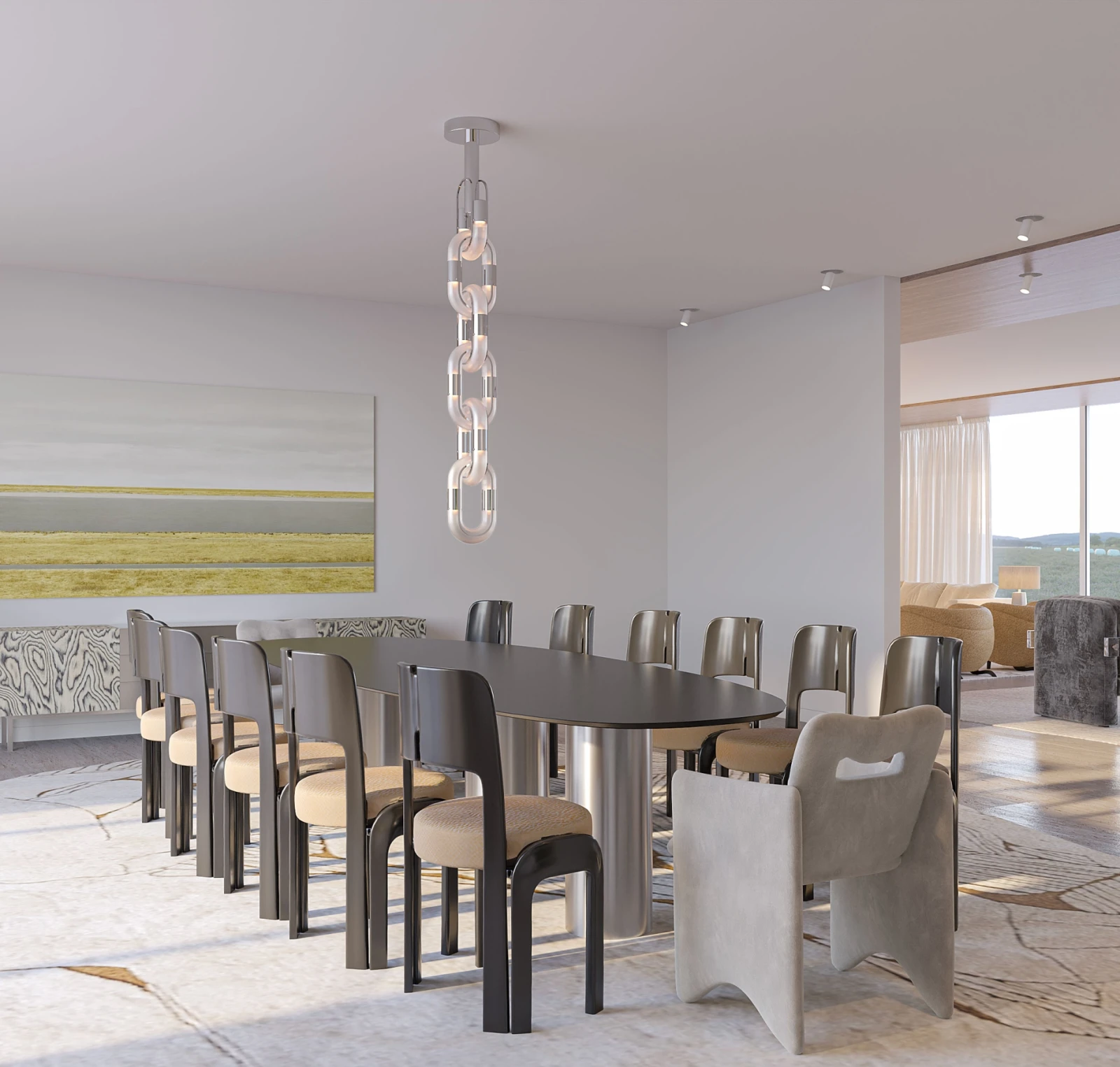 Contemporary dining room with sculptural chairs, oval table and unique lighting.